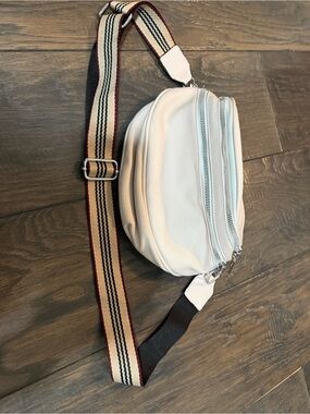 White Leather Crossbody Belt Bag with Striped Strap